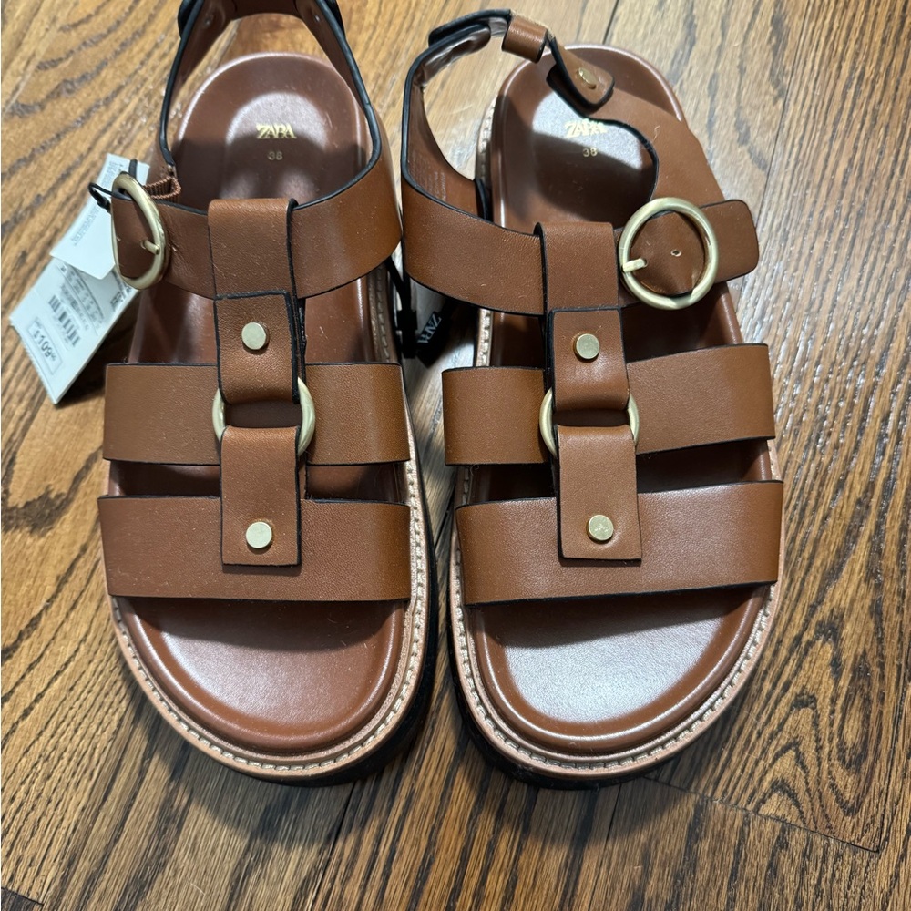 NWT Zara Brown Leather Fisherman Sandals